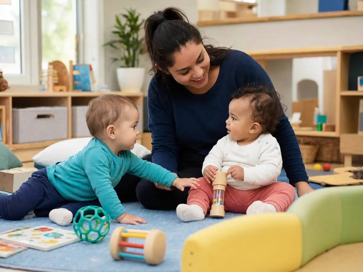 Teacher caring for infants in a bright preschool classroom